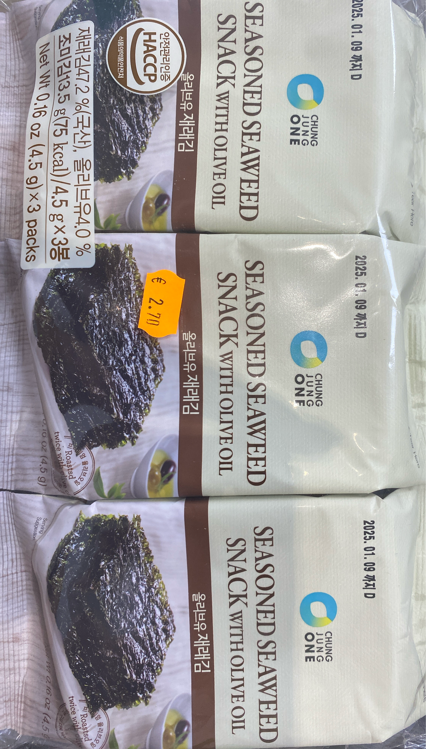 Seasoned Seaweed Snack With Olive Oil 3 packs Chung Jung One